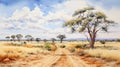 Detailed Watercolor Painting Of An Australian Dirt Road