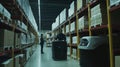 A highly efficient warehouse interior featuring automated robots, organized shelves, and a worker Royalty Free Stock Photo