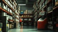 A highly efficient warehouse interior featuring automated robots, organized shelves, and a worker Royalty Free Stock Photo
