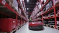 A highly efficient warehouse interior featuring automated robots, organized shelves, and a worker Royalty Free Stock Photo