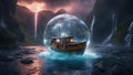 highly intricately detailed During a heavy storm with rain a fishing boat inside a crystal ball waterfall