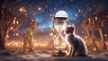 highly intricately detailed maine coon kitten in front of magical background near a hourglass sand clock