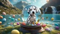 highly intricately detailed photograph of A funny little Dalmatian puppy in a spring snow globe with Easter eggs