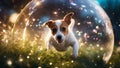 highly intricately detailed photograph of Happy jack russell pet dog puppy running in the grass in a soap bubble Royalty Free Stock Photo