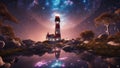 highly intricately detailed photograph of The Marblehead Lighthouse surrounded by stars and nebula