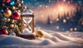 highly intricately detailed photograph of Merry Christmas hourglass counting down to christmas On Snow With Fir Branches