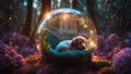 highly intricately detailed photograph of Sleeping newborn baby alongside a dachshund puppy inside a snow globe Royalty Free Stock Photo