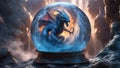 highly intricately Molten roch demon devil dragon in attack inside a crystal ball,