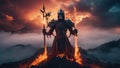 highly intricately photograph of Burning dragon demon skeleton knight over volcano