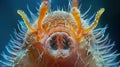 A highly magnified image of a nematodes head showcasing the complexity of its sensory system. The round mouthlike