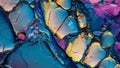 A highly magnified image of a stained thin section of glandular tissue showing a spectrum of colors from deep blue to