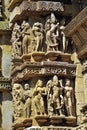 Highly ornate carved sculptures on the wall of Lakshmana Temple