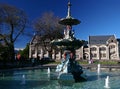 Eccentric Peacock Fountain in front of the historic Arts Centre in autumn in Christchurch Botanic Gardens, New Zealand