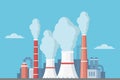 Highly polluting factory plant with smoking towers and pipes. Carbon dioxide emissions. Environment contamination. Flat style