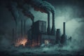 Highly polluting factory with smoking towers and pipes made with Generative AI.