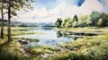 Serene Summer Day: Norwegian Landscape Watercolor Painting
