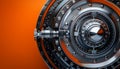 Highly Secure Vault Door with Advanced Locking Mechanism and Intricate Steel Design Against an Orange Background
