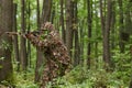 A highly skilled elite sniper, camouflaged in the dense forest, stealthily maneuvers through dangerous woodland terrain