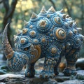 A highly stylized, fantastical rhinoceros decorated with elaborate patterns and designs, set against a blurred forest Royalty Free Stock Photo