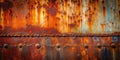 Highly textured rusted metal panel with rivets showing extensive corrosion and patina. Generative AI Royalty Free Stock Photo