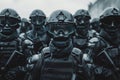 A highly trained tactical unit stands ready in formation, dressed in full tactical gear with Royalty Free Stock Photo