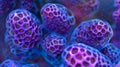 A highmagnification image of clathrin triskelions arranged in a latticelike pattern around a coated pit ready to bud off