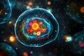 A highpowered microscopic image of a single human cell, with its organelles glowing in different colors Royalty Free Stock Photo