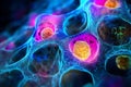 A highpowered microscopic image of a single human cell, with its organelles glowing in different colors Royalty Free Stock Photo