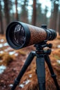 Highpowered spotting scope on tripod, nestled in a tranquil forest setting Royalty Free Stock Photo