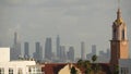 Highrise skyscrapers of metropolis in smog, Los Angeles, California USA. Air toxic pollution and misty urban downtown skyline. Royalty Free Stock Photo