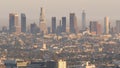 Highrise skyscrapers of metropolis in smog, Los Angeles, California USA. Air toxic pollution and misty urban downtown skyline. Royalty Free Stock Photo