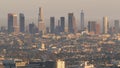 Highrise skyscrapers of metropolis in smog, Los Angeles, California USA. Air toxic pollution and misty urban downtown skyline. Royalty Free Stock Photo