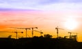 Highrise tower crane lifting the cargo over sunset on colorful s Royalty Free Stock Photo