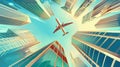 Highrise urban architecture, cartoon modern illustration of plane flying over skyscrapers against blue sky. Plane over Royalty Free Stock Photo