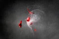 Highspeed capture of red balloon parts and water splashing away after gunshot dark background Royalty Free Stock Photo