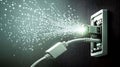 Highspeed internet connection visualized. A network cable plugs into a wall socket, emitting a burst of glowing data streams Royalty Free Stock Photo