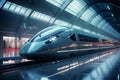 Highspeed train entering a futuristic station