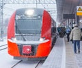 Highspeed train stands at the station platform.