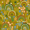 Hight detailed floral seamless pattern with mushrooms, plants, rainbow, flowers, leaves. Botanical meadow mustard texture. Great