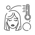 Hight temperature, fever black line icon. Early pregnancy symptom. Pregnant blond woman and thermometer concept. Diseases,