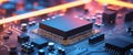 HighTech Circuit Board CloseUp With Central Processing Unit and Glowing Elements. Royalty Free Stock Photo