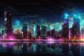 Hightech City Skyline With Holographic Advertising Billboards. Generative AI
