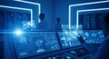 Hightech control room with digital interfaces and data analysis on multiple screens Royalty Free Stock Photo
