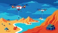 Hightech drones equipped with advanced sensors and cameras fly over a vast coastal region collecting data and images to