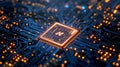 A hightech microchip is mounted on a circuit board with illuminated connections