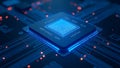 A hightech microchip that showcases intricate circuitry along with glowing elements within a digital setting