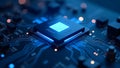 A hightech microchip that showcases intricate circuitry along with glowing elements within a digital setting