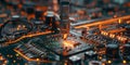 Hightech robotic arm assembling electronic components on a circuit board in a modern automated