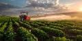 A hightech tractor treats crops in a scenic farm setting with pesticides. Concept Farming Technology, Pesticide Use, Crop