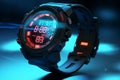 Hightech wristwatch with holographic display and Royalty Free Stock Photo